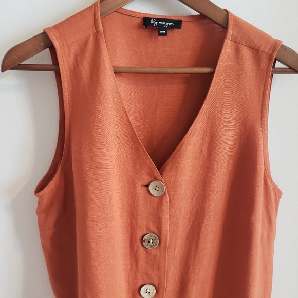 Lily Morgan Burnt Orange Sleeveless Blouse Wooden Buttons Viscose Linen Woman M - Picture 3 of 9